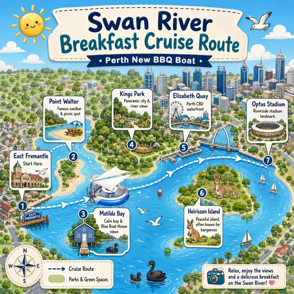 bbq boat breakfast cruise route on swan river
